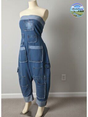 Strapless Denim Jumpsuit Wide Leg Cargo Jean Romper Loose Fit